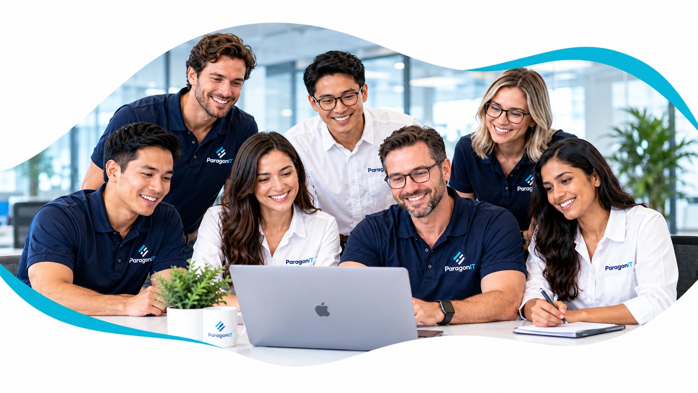 Paragon IT team collaborating on a laptop